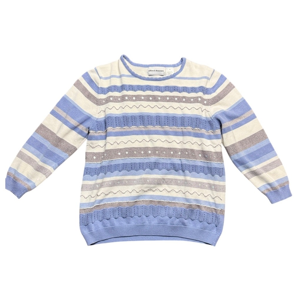 Alfred Dunner Womens Blue Striped Sequin Knit Crewneck Sweater‎ M DunnerStunner